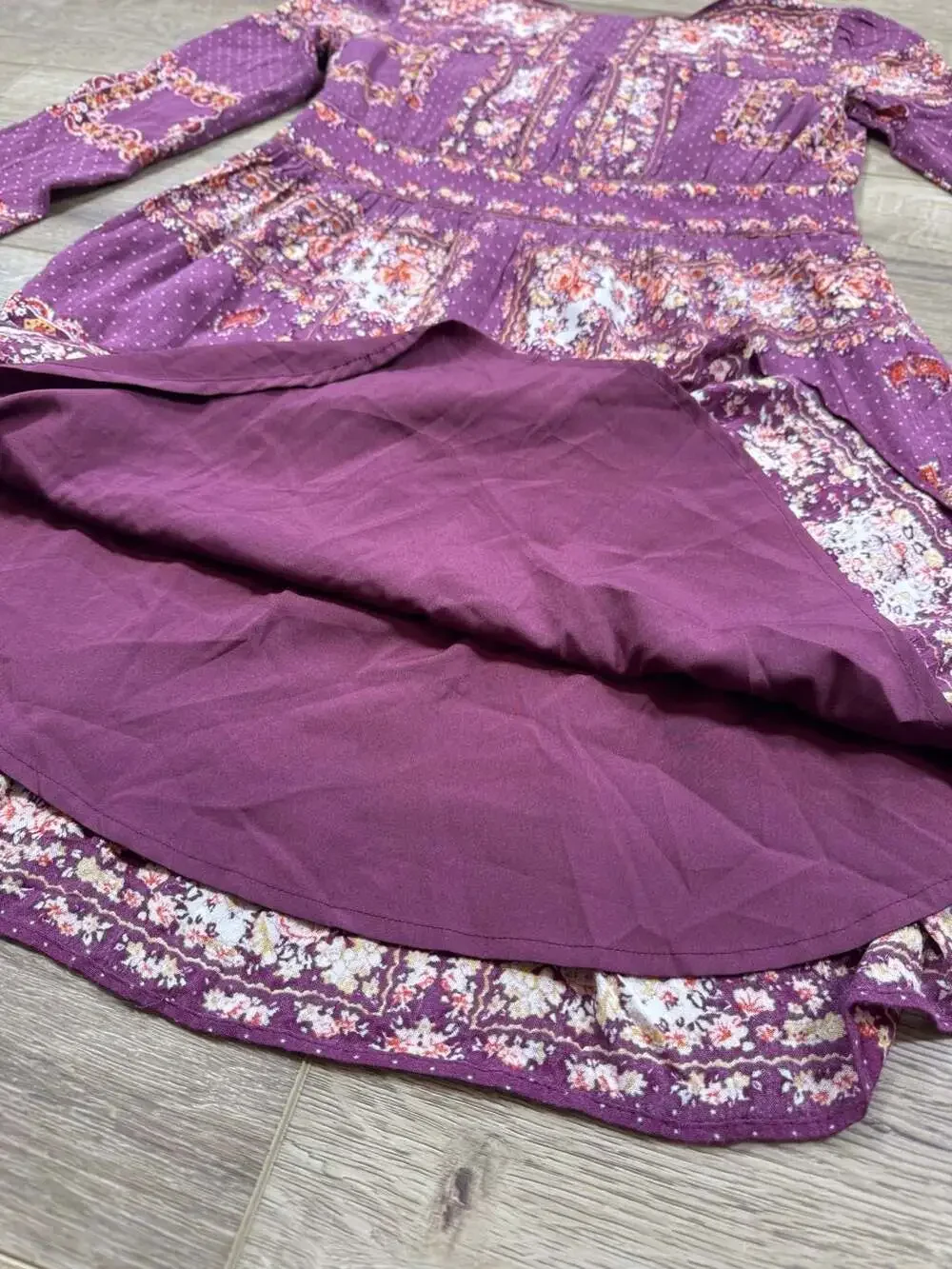 Free People Floral Boho Mini Dress Purple Long Sleeve Tie Neck XS